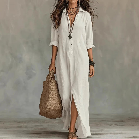 Women's Cotton Collared Shirt Maxi Dress – studio view 1 | Hensley London