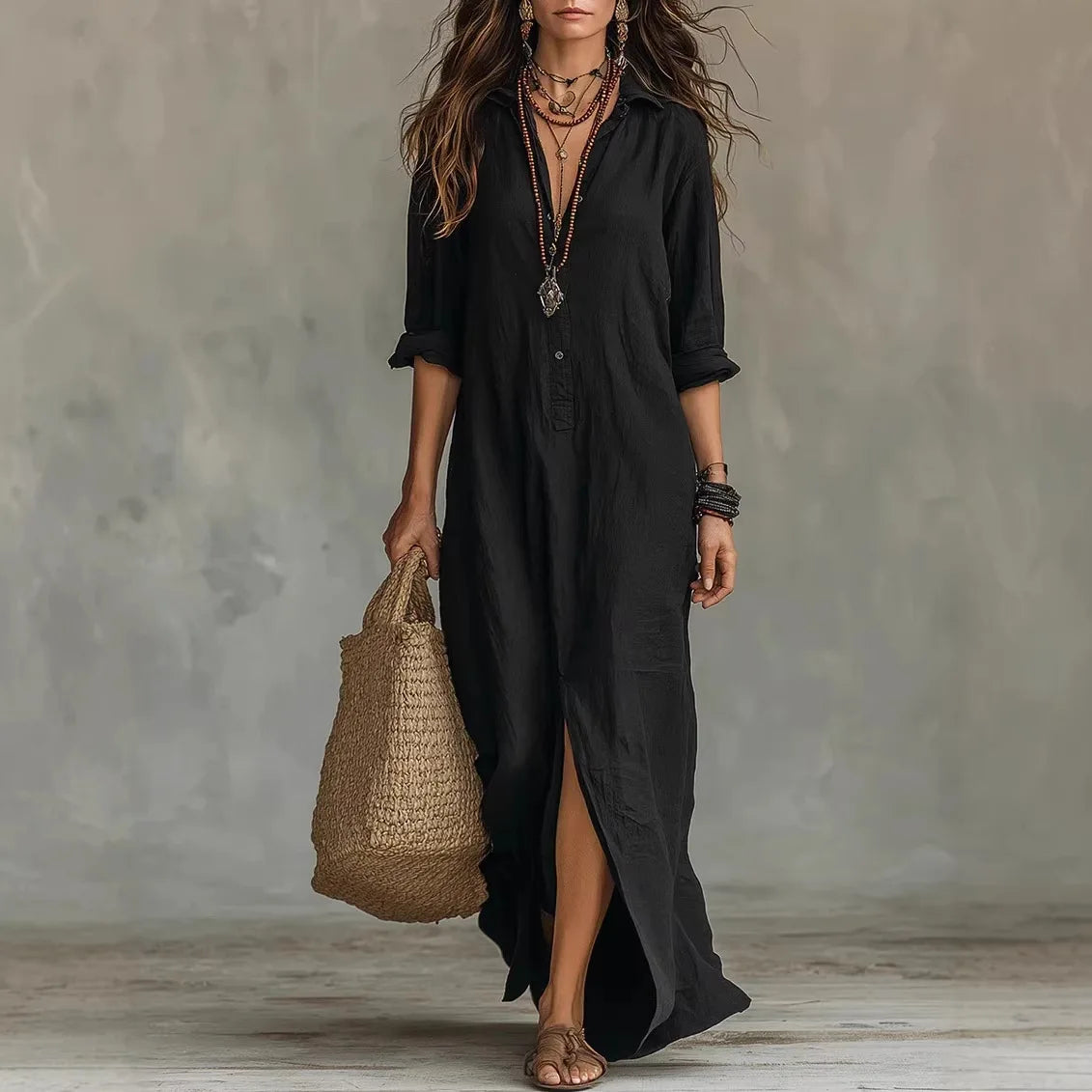 Women's Cotton Collared Shirt Maxi Dress – studio view 2 | Hensley London