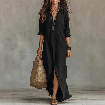 Women's Cotton Collared Shirt Maxi Dress – studio view 2 | Hensley London