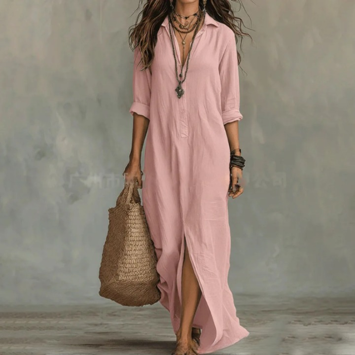 Women's Cotton Collared Shirt Maxi Dress – studio view 4 | Hensley London