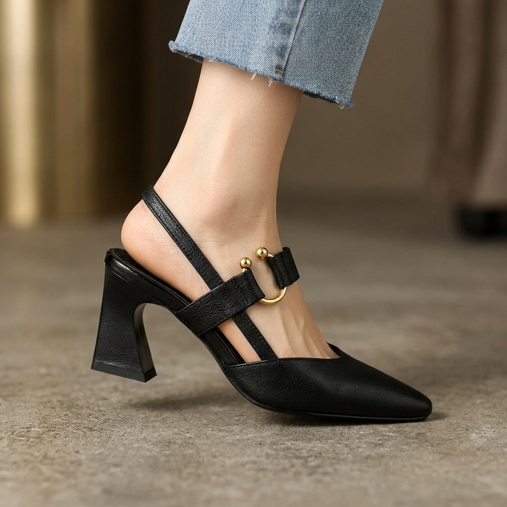 Women's Slip-On Block Heel Mules in Black – side view | Hensley London