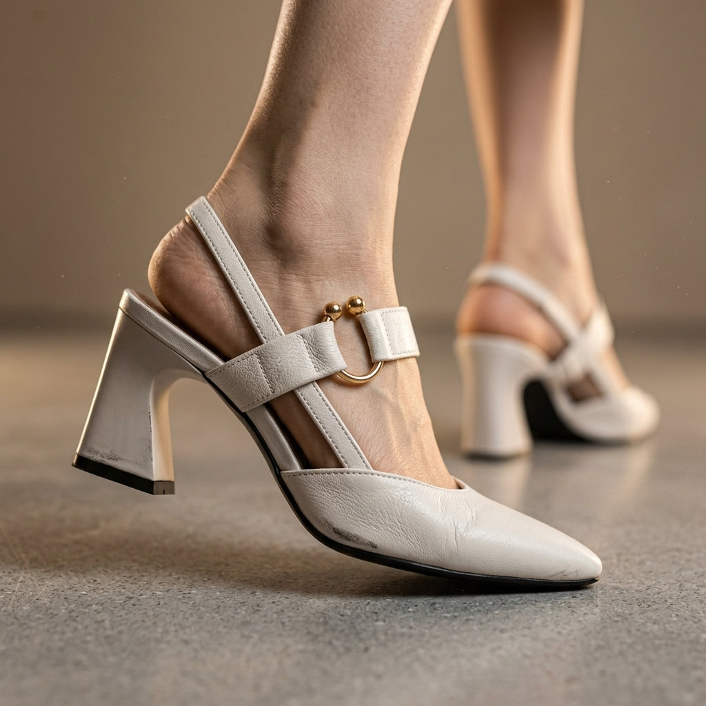 Women's Slip-On Block Heel Mules in Beige – side view | Hensley London