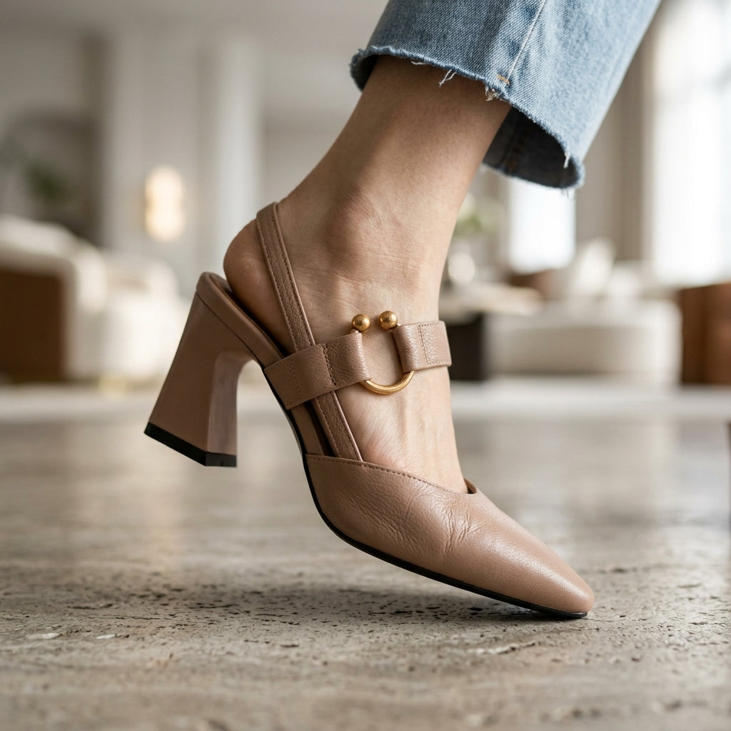 Women's Slip-On Block Heel Mules in Apricot – side view | Hensley London