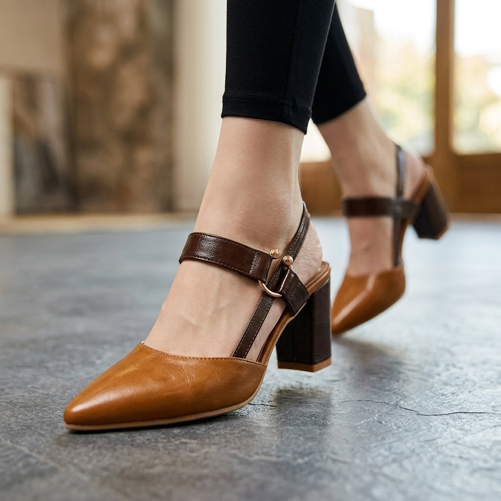 Women's Slip-On Block Heel Mules in Tea – side view | Hensley London