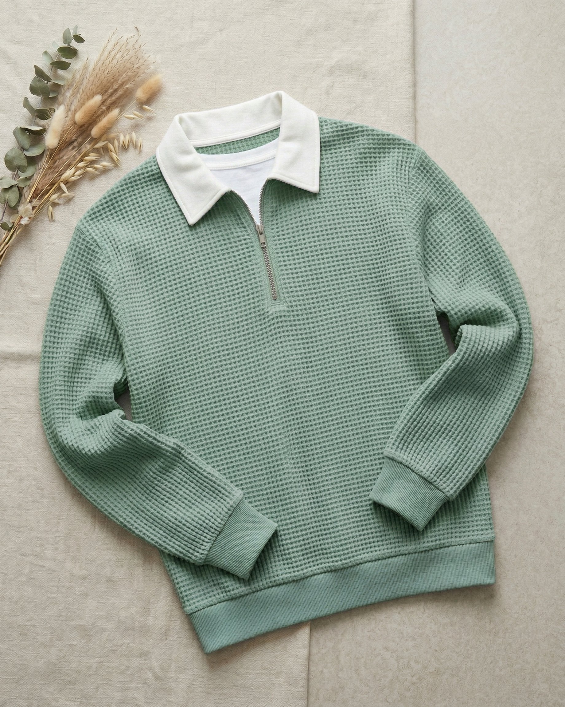 Men's Waffle Knit Zip Polo in Green – front view | Hensley London