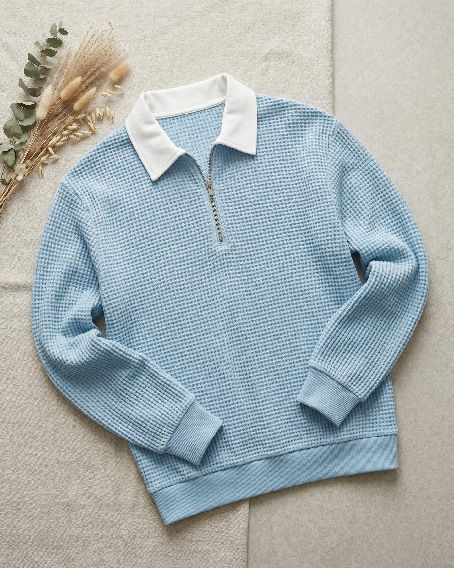 Men's Waffle Knit Zip Polo in Light Blue – front view | Hensley London