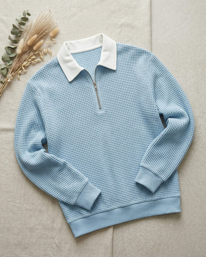 Men's Waffle Knit Zip Polo in Light Blue – front view | Hensley London