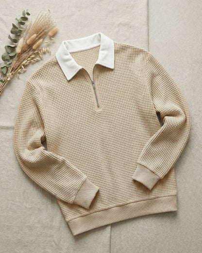 Men's Waffle Knit Zip Polo in Khaki – front view | Hensley London