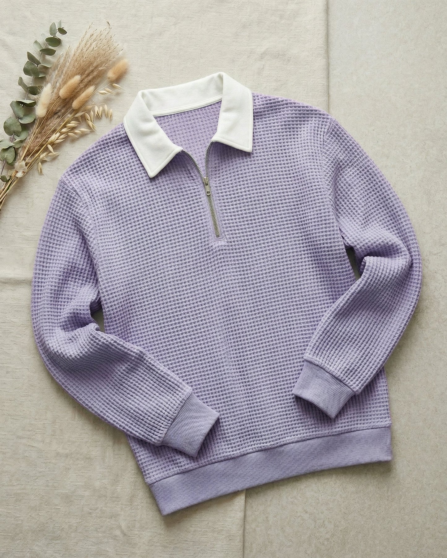 Men's Waffle Knit Zip Polo in Light Purple – front view | Hensley London