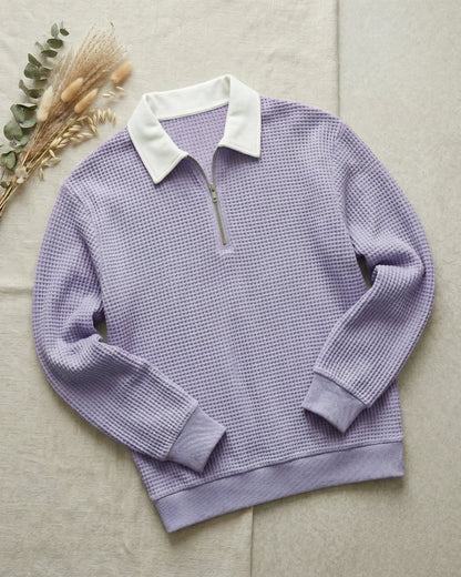 Men's Waffle Knit Zip Polo in Light Purple – front view | Hensley London