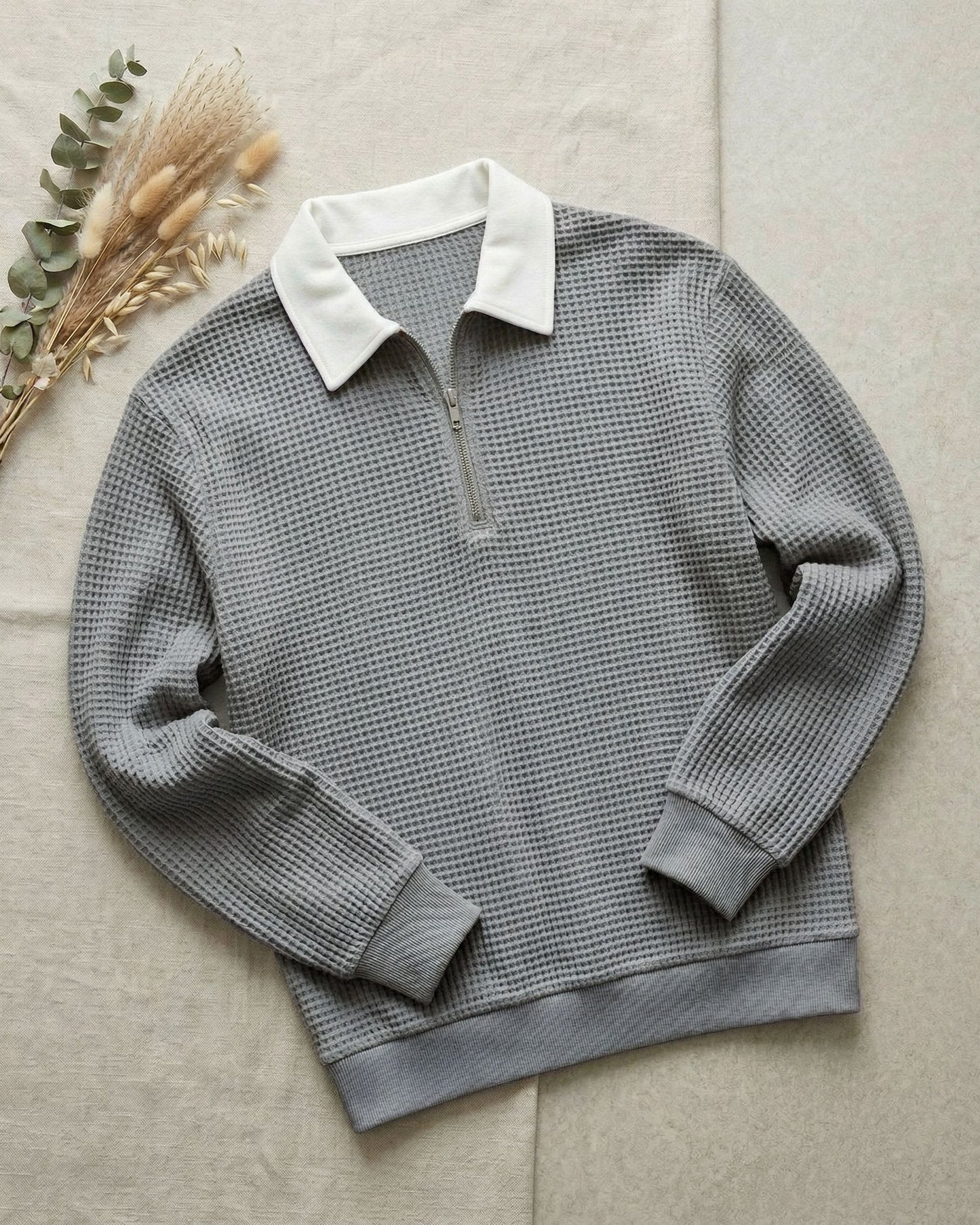 Men's Waffle Knit Zip Polo in Gray – front view | Hensley London