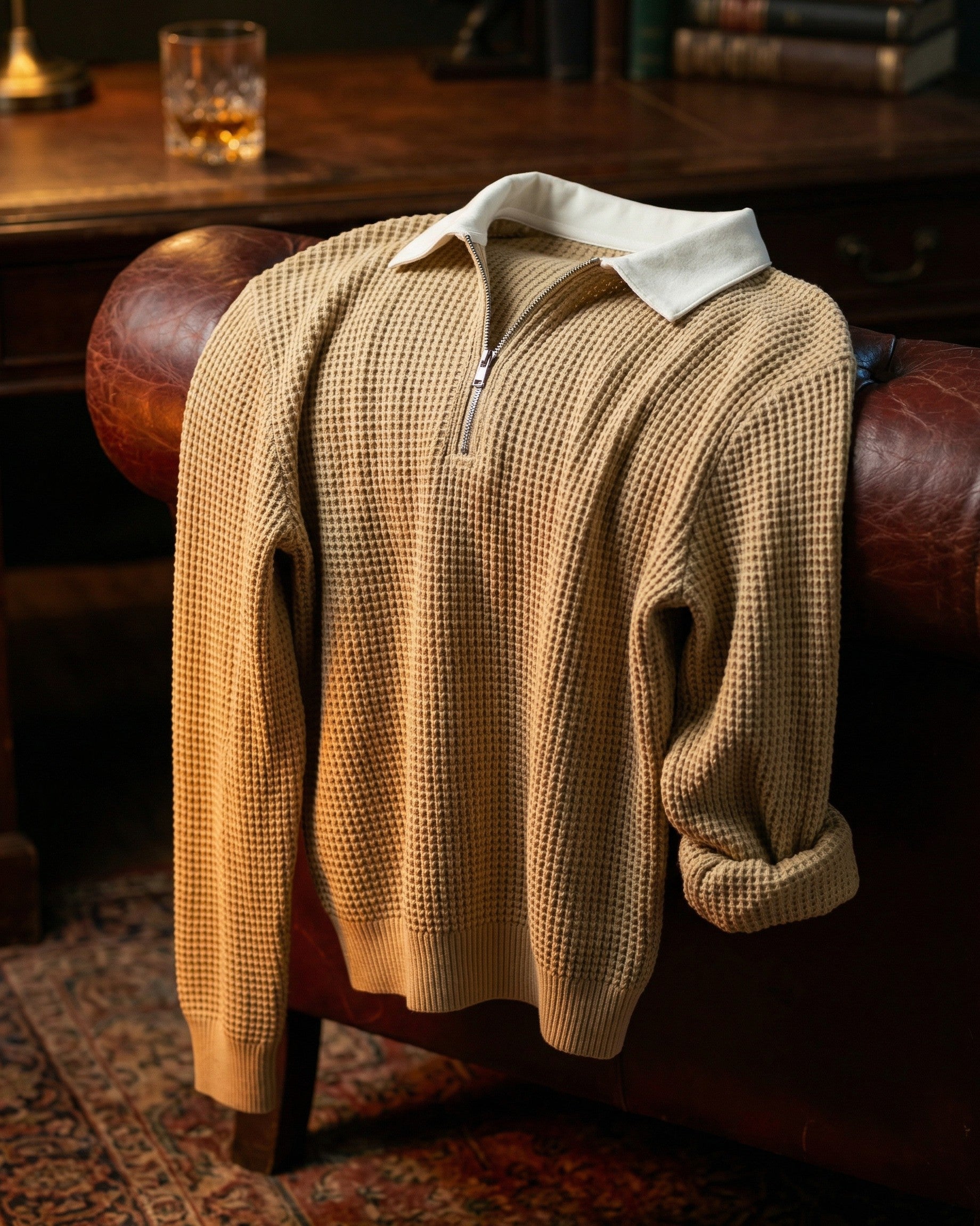Men's Waffle Knit Zip Polo in Green – detail view | Hensley London