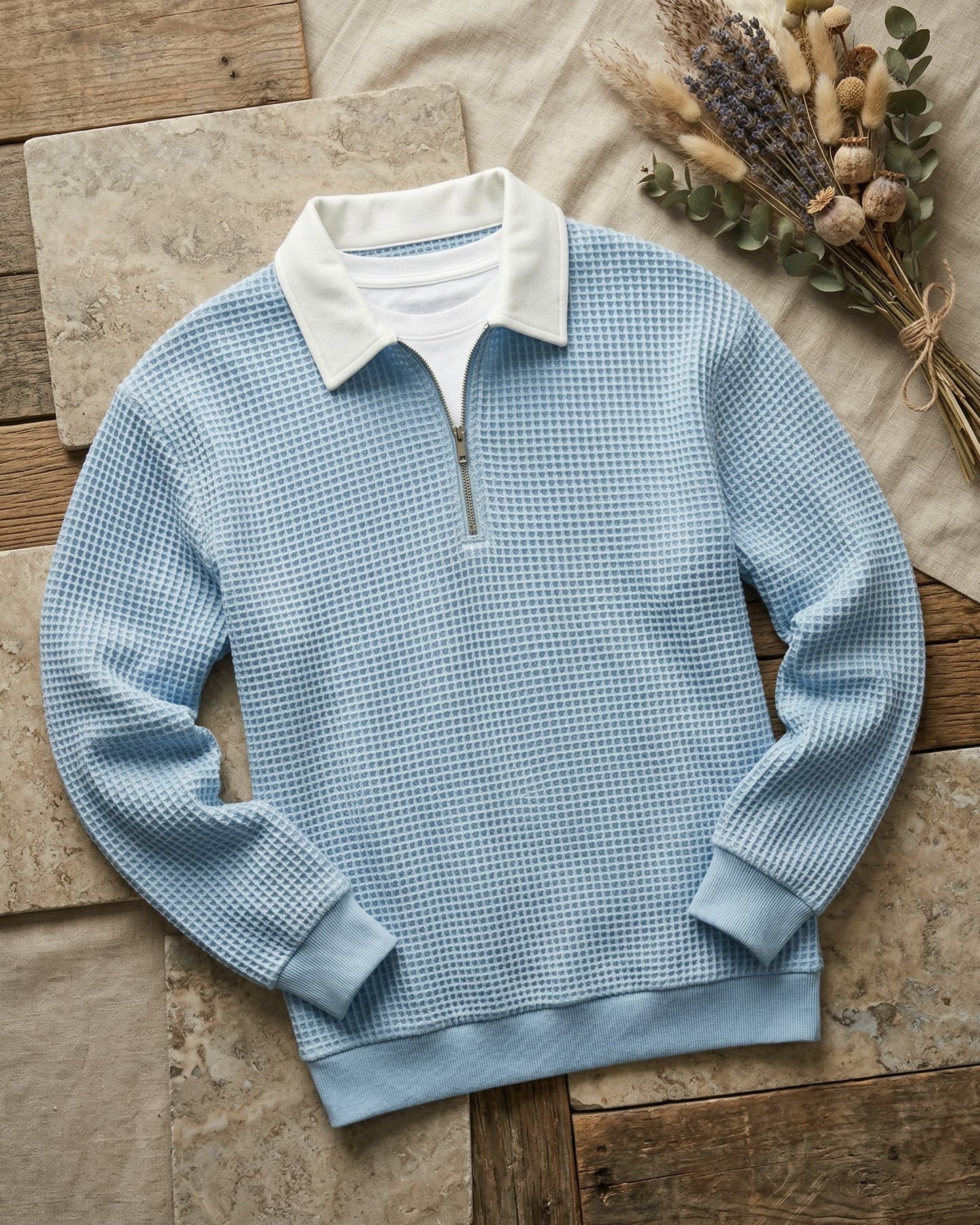 Men's Waffle Knit Zip Polo in Gray – on-model view | Hensley London