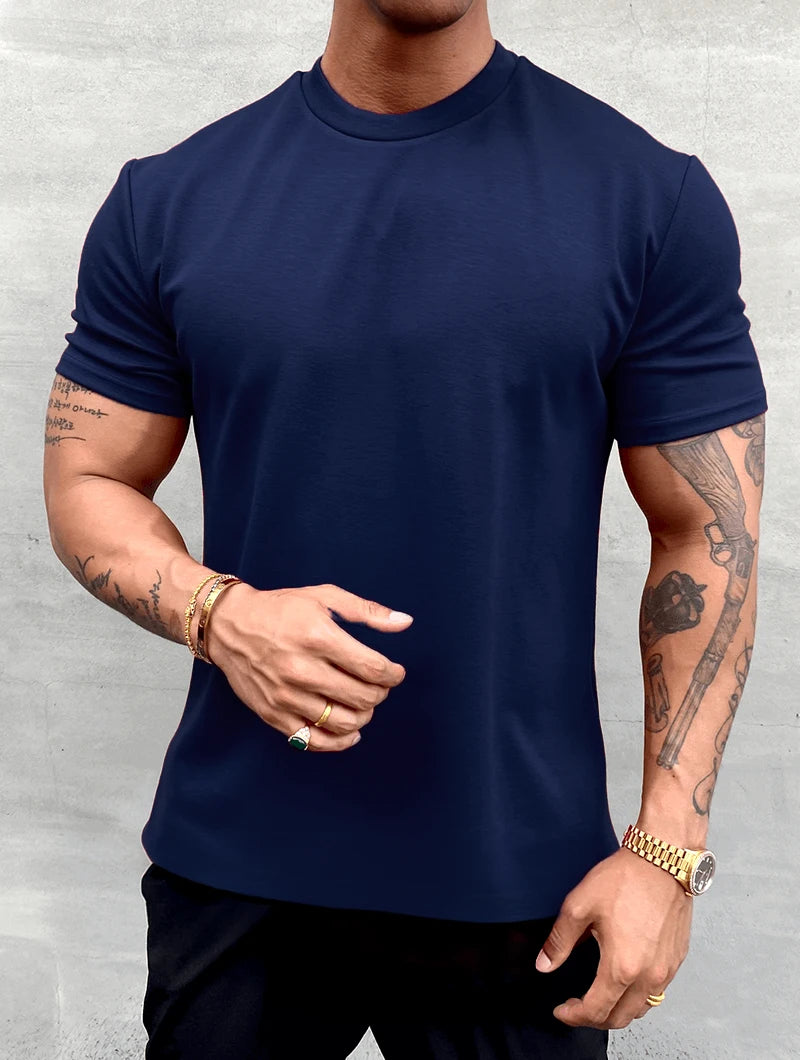 Men's Cotton Stretch Slim Fit T-Shirt in Navy Blue – front view | Hensley London