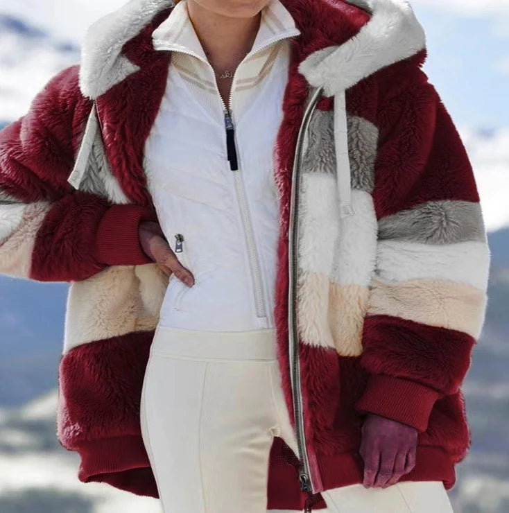 Women's Colour-Block Plush Hooded Zip Coat in Claret – Product view | Hensley London