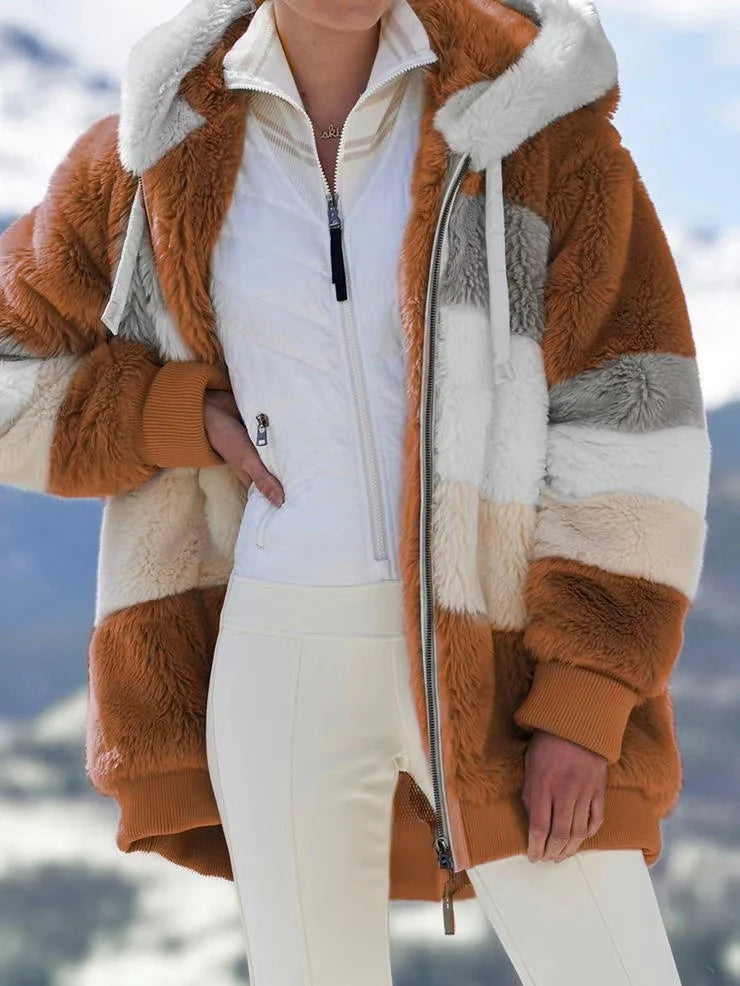 Women's Colour-Block Plush Hooded Zip Coat in Caramel – Product view | Hensley London