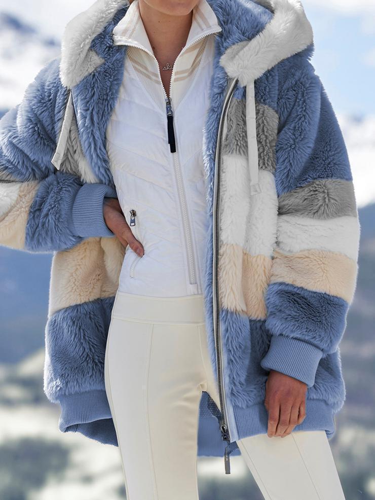 Women's Colour-Block Plush Hooded Zip Coat in Blue – Product view | Hensley London