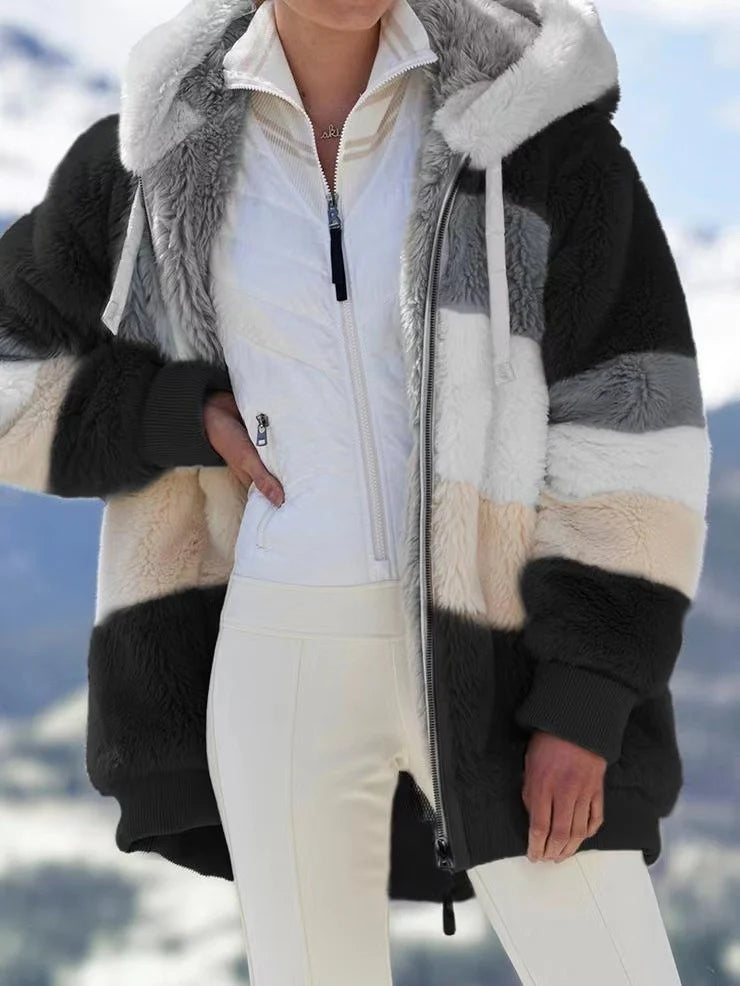 Women's Colour-Block Plush Hooded Zip Coat in Black – Product view | Hensley London