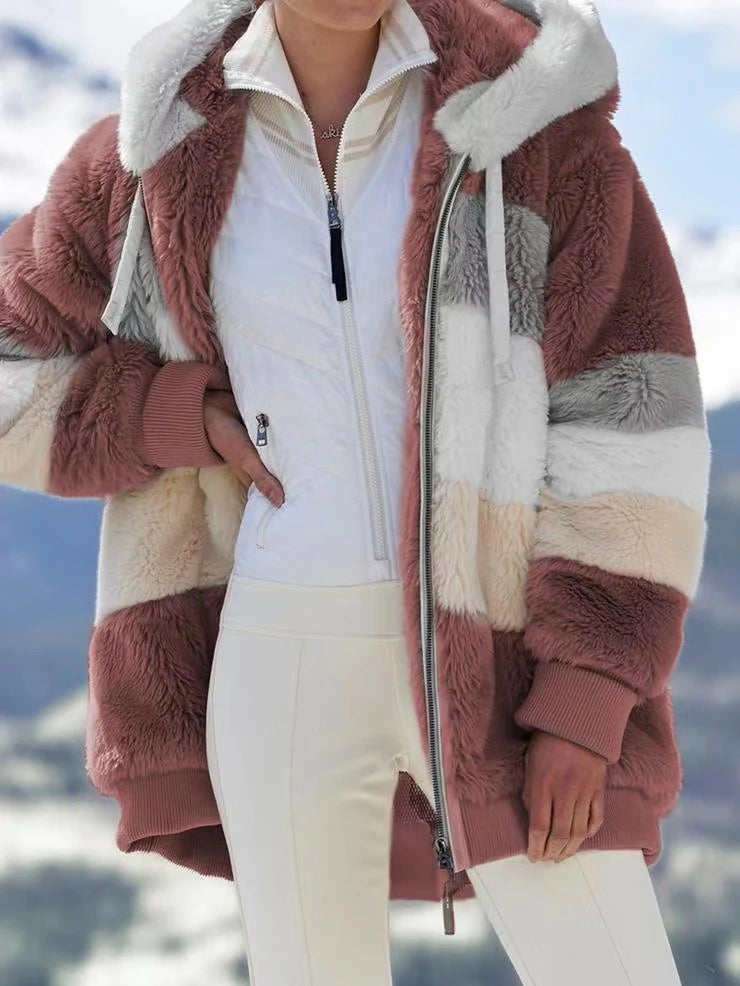 Women's Colour-Block Plush Hooded Zip Coat in Wine Red – Product view | Hensley London