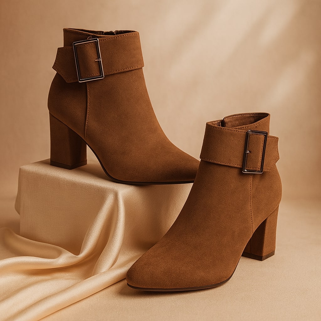 Women's Suede Buckle Ankle Boots in Dark Brown – side view | Hensley London
