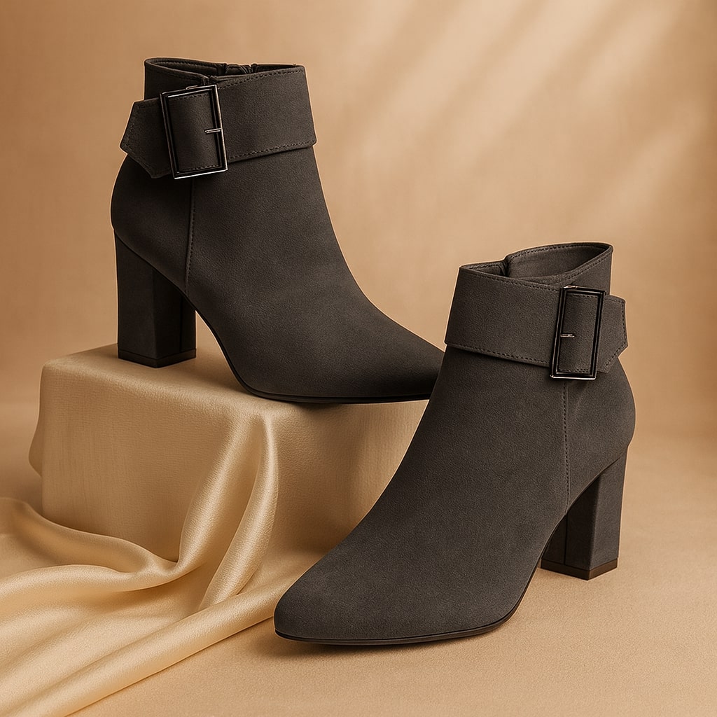 Women's Suede Buckle Ankle Boots in Black – side view | Hensley London