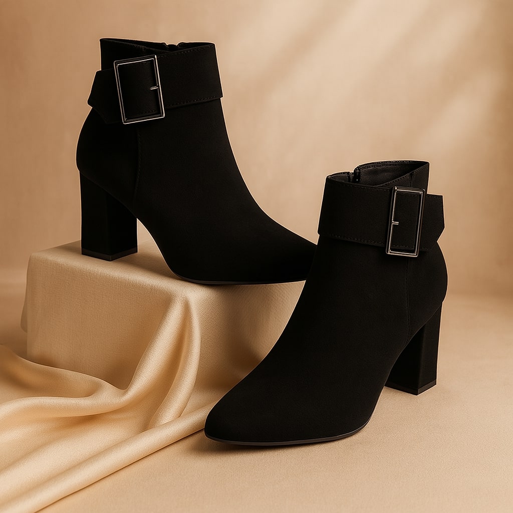 Women's Suede Buckle Ankle Boots in Gray – side view | Hensley London
