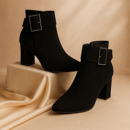 Women's Suede Buckle Ankle Boots in Gray – side view | Hensley London
