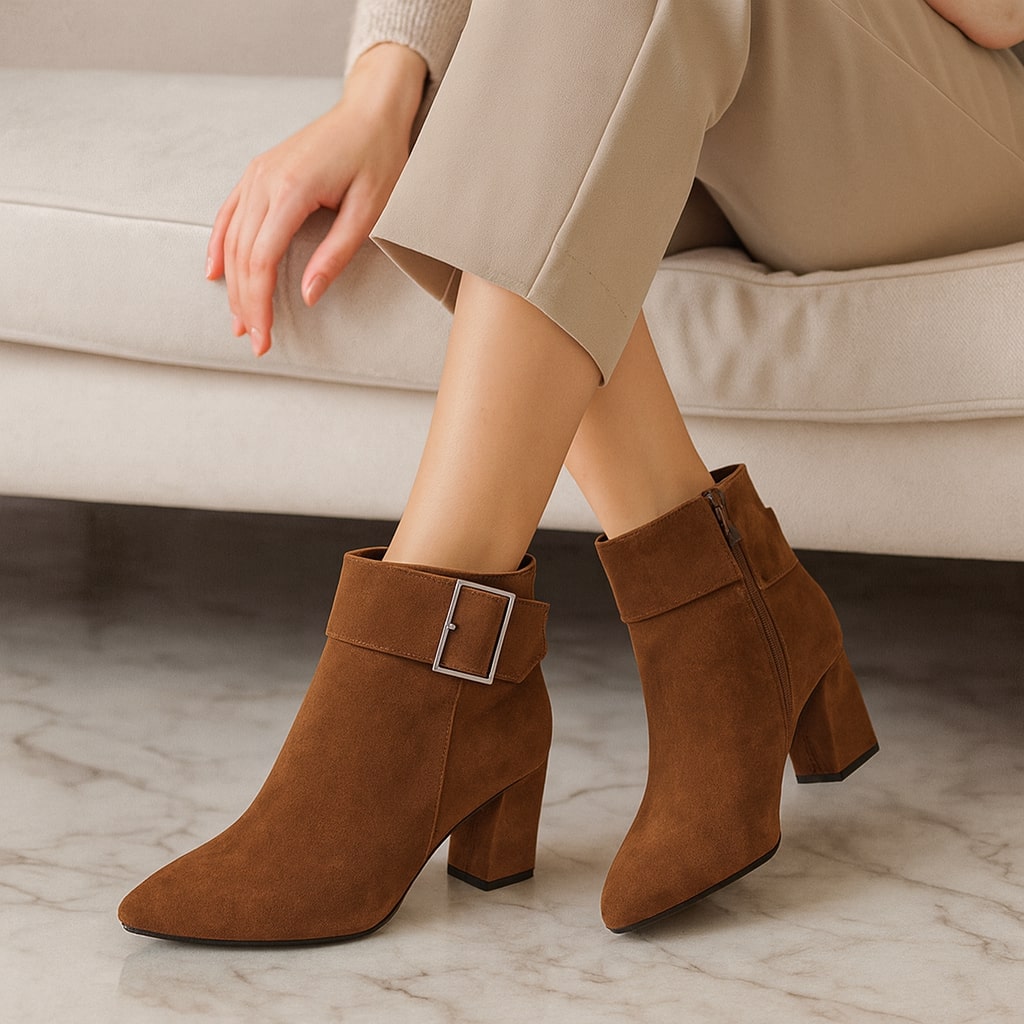 Women's Suede Buckle Ankle Boots in Dark Brown – buckle detail | Hensley London