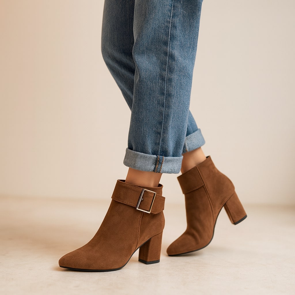Women's Suede Buckle Ankle Boots in Black – heel view | Hensley London