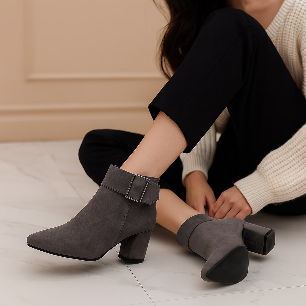 Women's Suede Buckle Ankle Boots in Gray – on-foot view | Hensley London