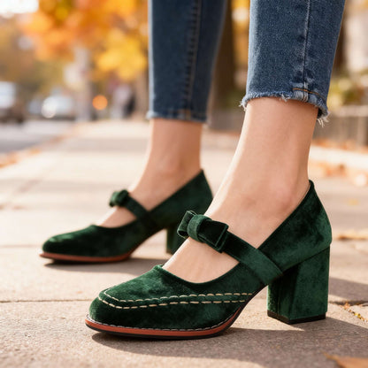Women's Velvet Block-Heel Loafers – product view | Hensley London