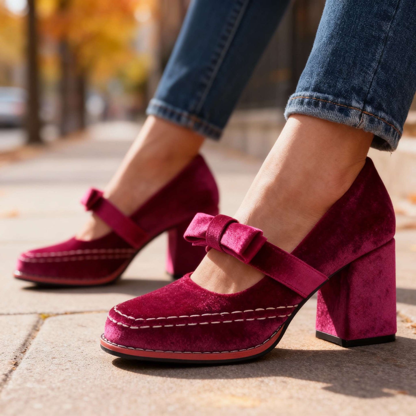 Women's Velvet Block-Heel Loafers – product view | Hensley London