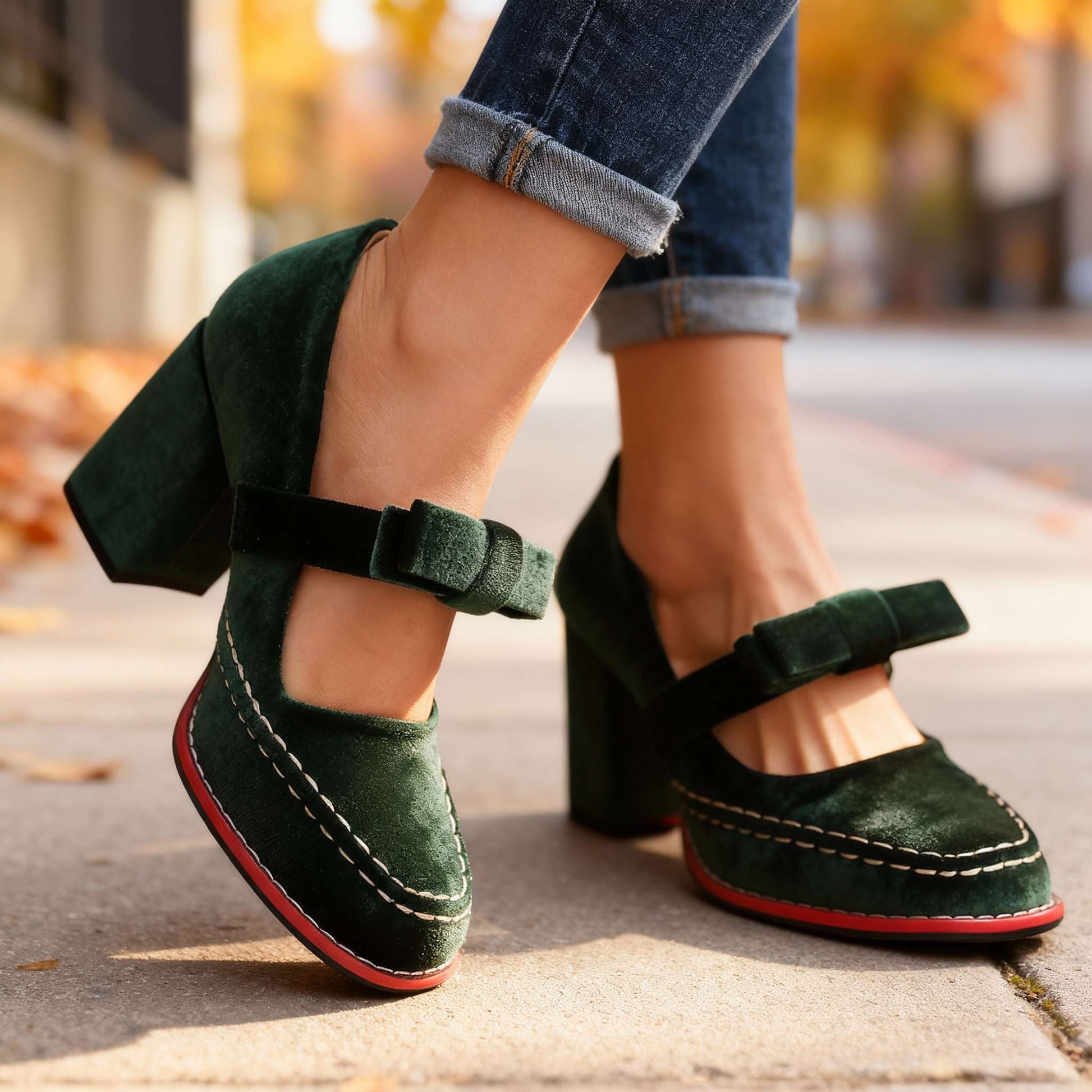 Women's Velvet Block-Heel Loafers – product view | Hensley London