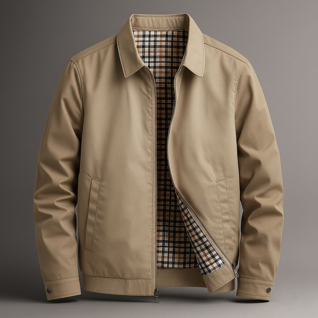 Men's Cotton Zip Jacket with Checked Lining in Light Khaki - product view | Hensley London