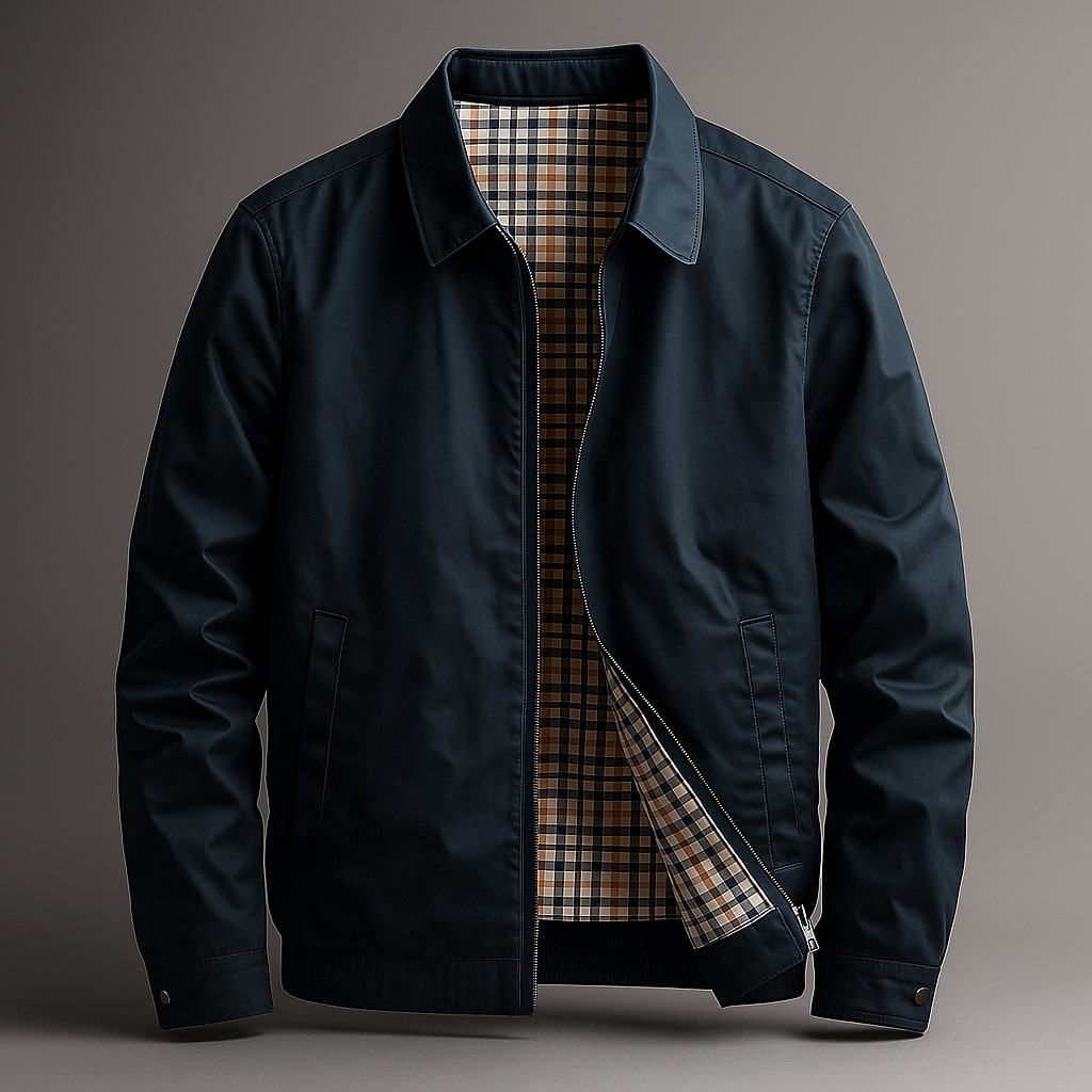 Men's Cotton Zip Jacket with Checked Lining in Navy Blue - product view | Hensley London