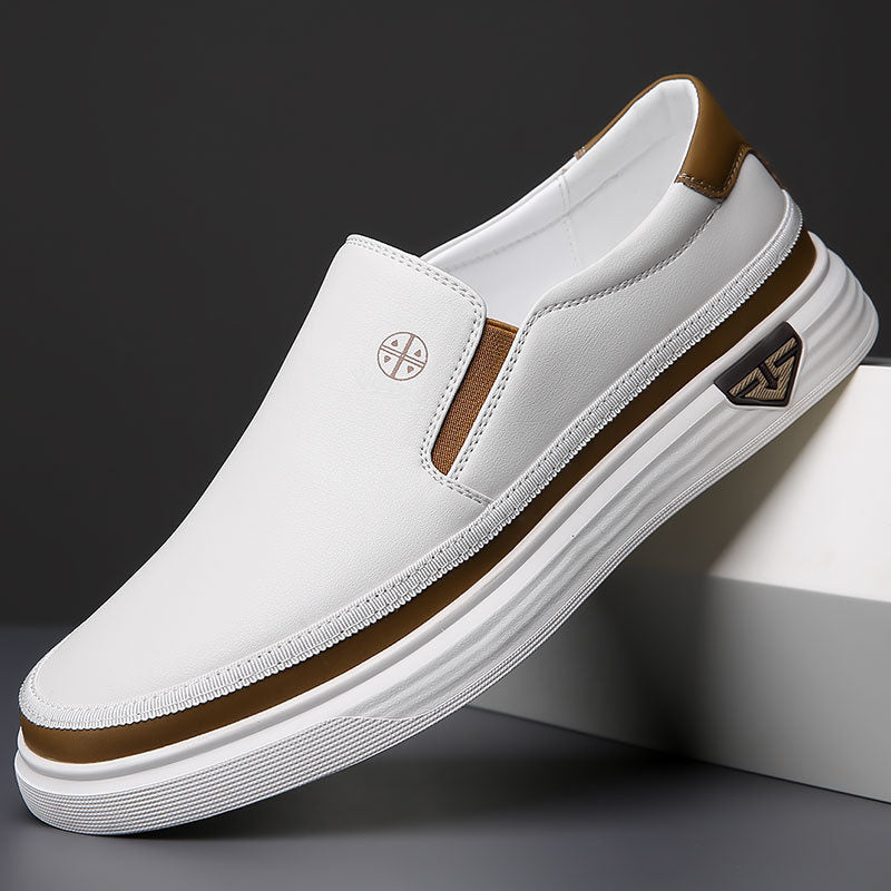Men's Leather Slip-On Sneakers in White – front view | Hensley London