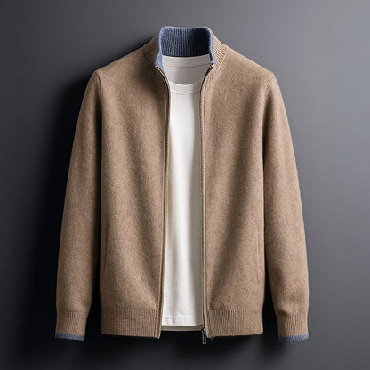 Men's Knit Zip-Up Cardigan in Camel – front view | Hensley London