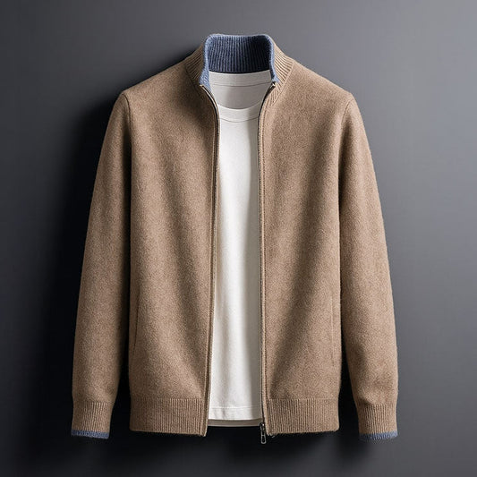 Men's Knit Zip-Up Cardigan in Camel – front view | Hensley London