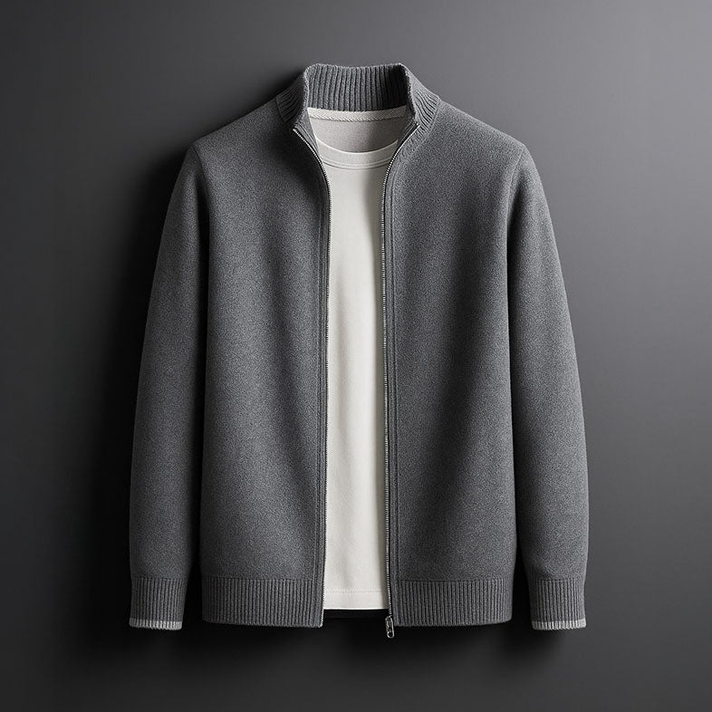Men's Knit Zip-Up Cardigan in Camel – side view | Hensley London