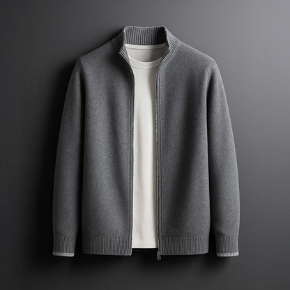 Men's Knit Zip-Up Cardigan in Camel – side view | Hensley London