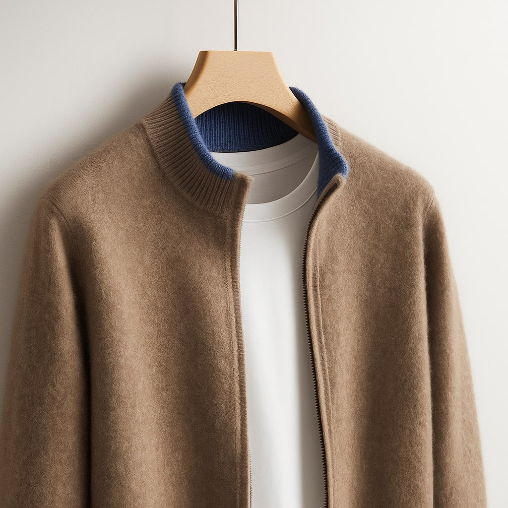 Men's Knit Zip-Up Cardigan in Gray – back view | Hensley London