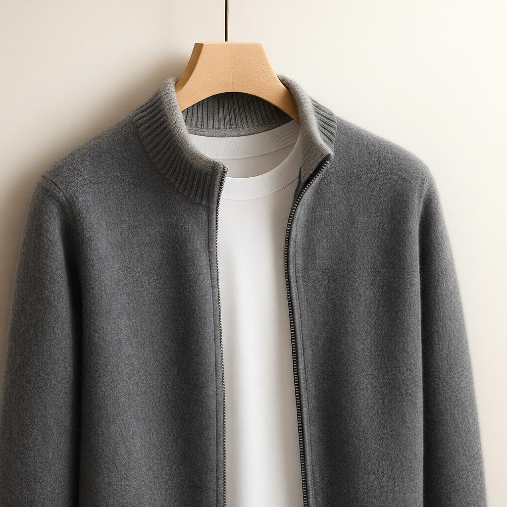 Men's Knit Zip-Up Cardigan in Blue – front view | Hensley London
