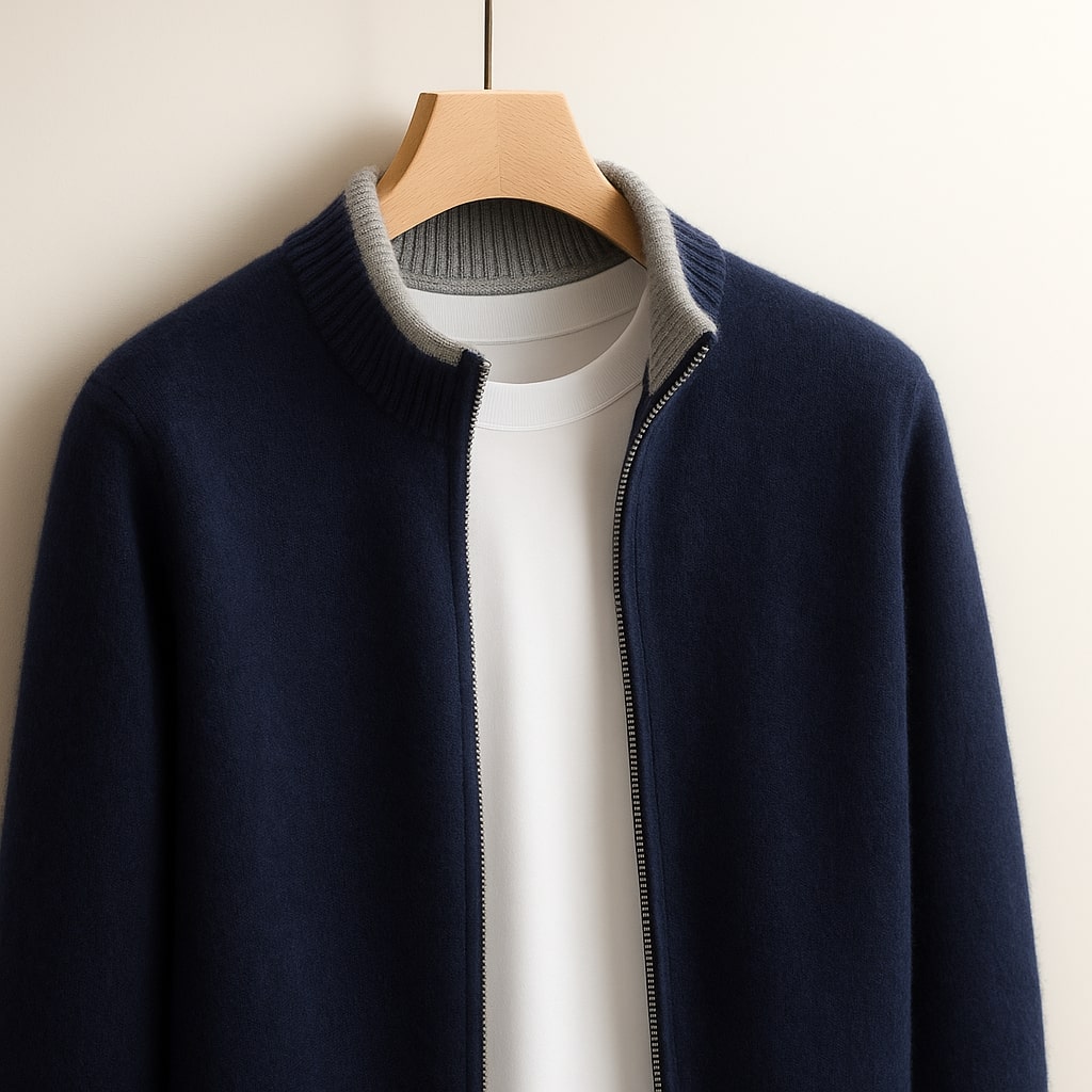 Men's Knit Zip-Up Cardigan in Blue – detail view | Hensley London