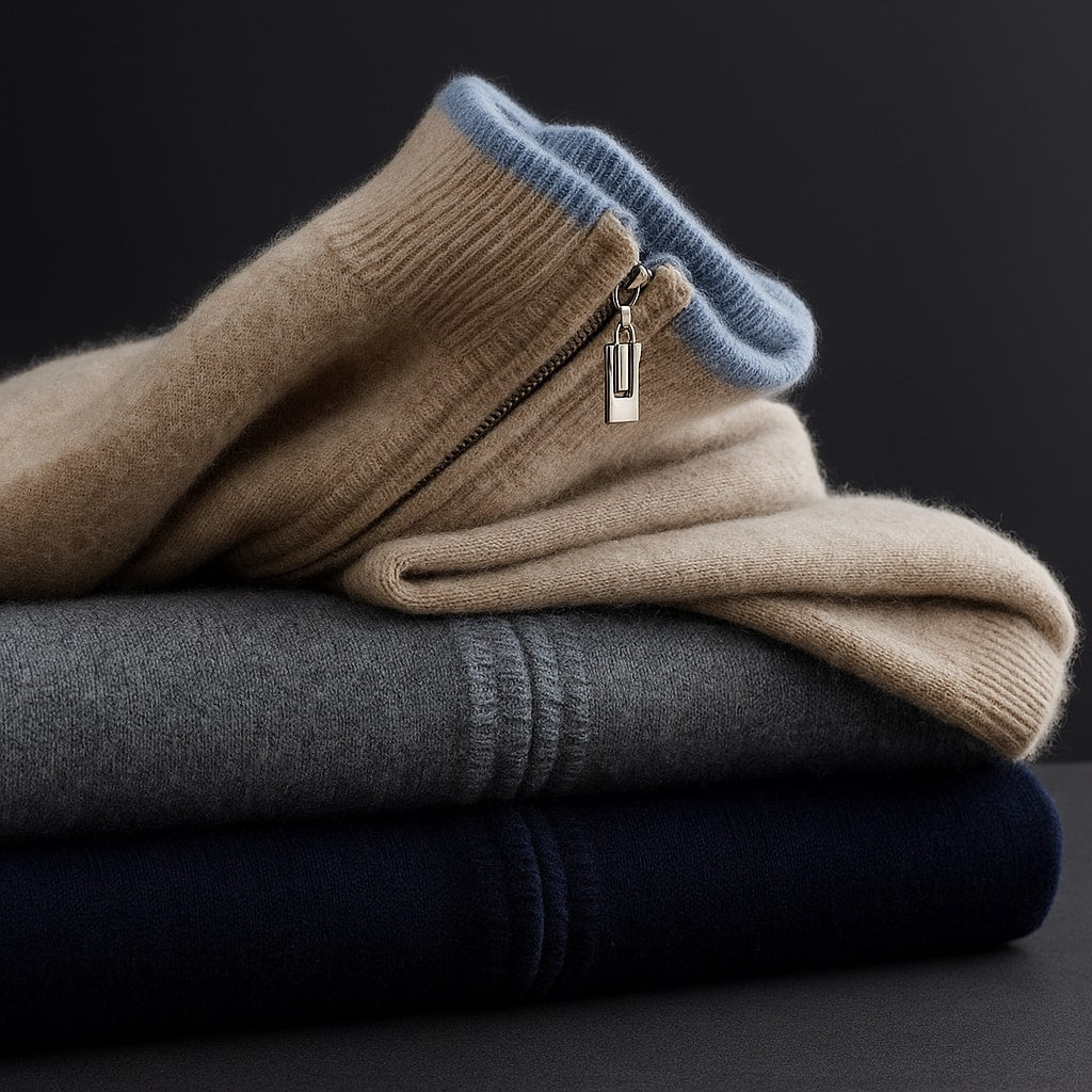 Men's Knit Zip-Up Cardigan in Camel – zip detail | Hensley London