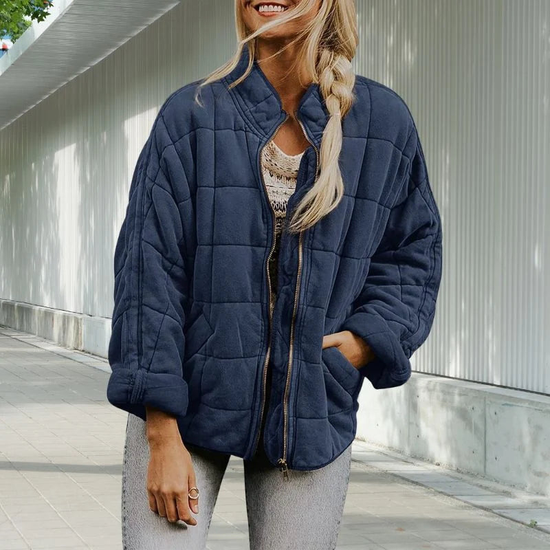 Women's Quilted Stand-Collar Jacket in Navy – product view 12 | Hensley London