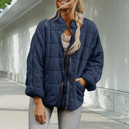 Women's Quilted Stand-Collar Jacket in Navy – product view 12 | Hensley London