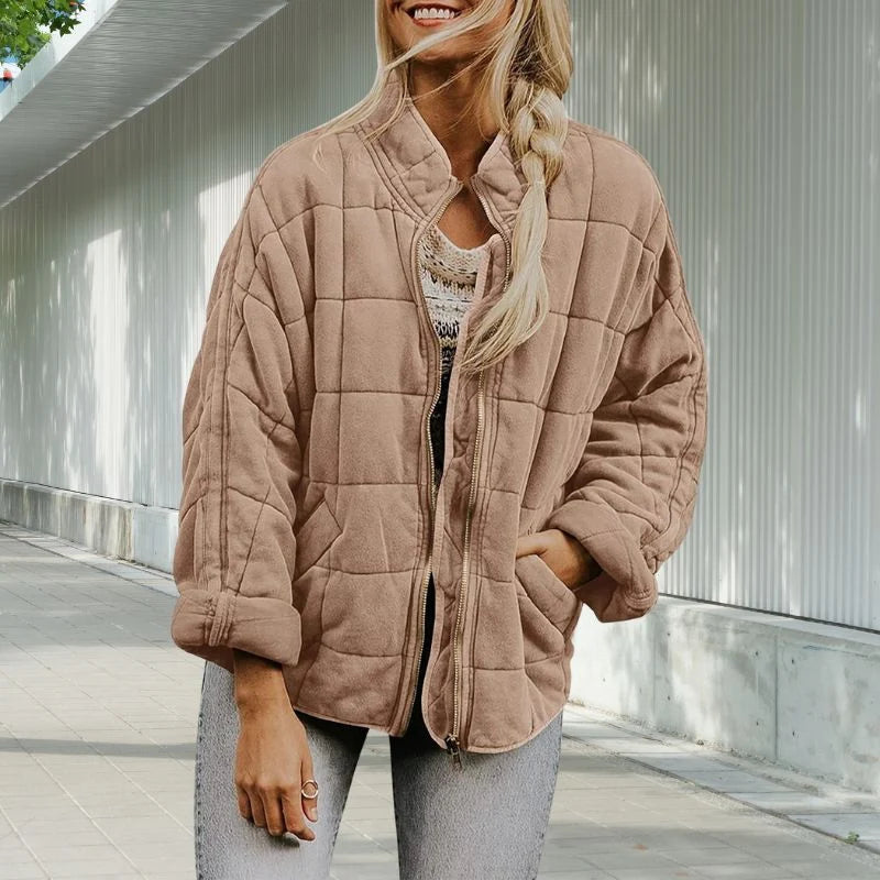 Women's Quilted Stand-Collar Jacket in Khaki – product view 11 | Hensley London