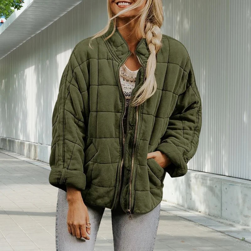 Women's Quilted Stand-Collar Jacket in Dark Green – product view 3 | Hensley London