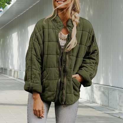 Women's Quilted Stand-Collar Jacket in Dark Green – product view 3 | Hensley London
