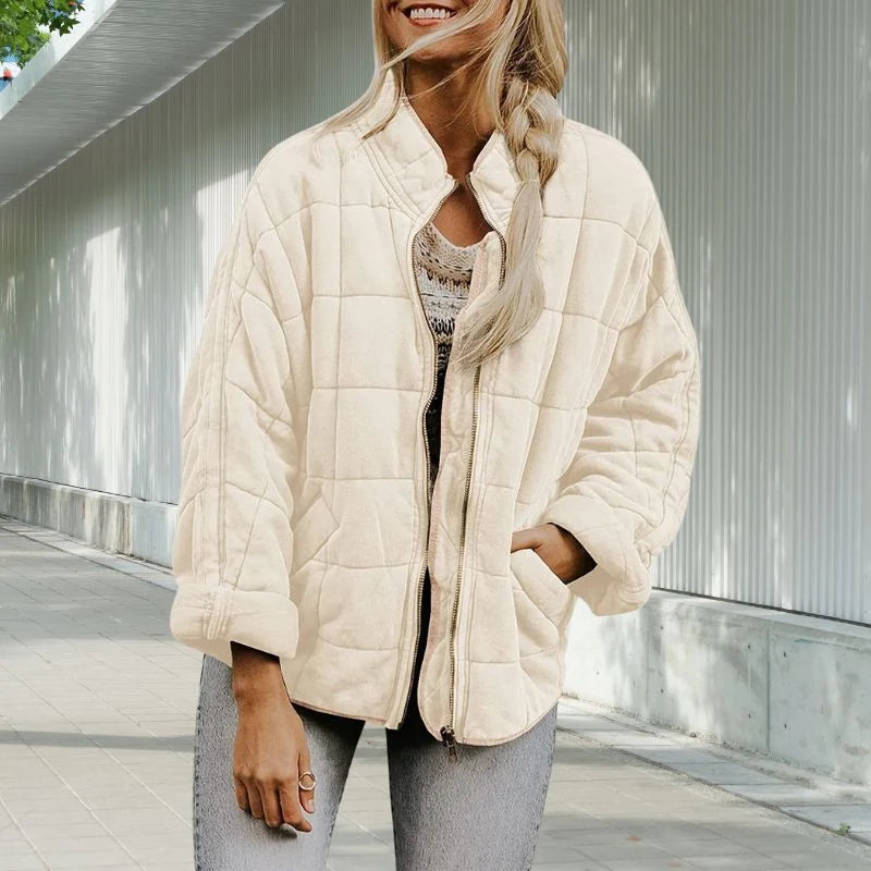 Women's Quilted Stand-Collar Jacket in Beige – product view 6 | Hensley London